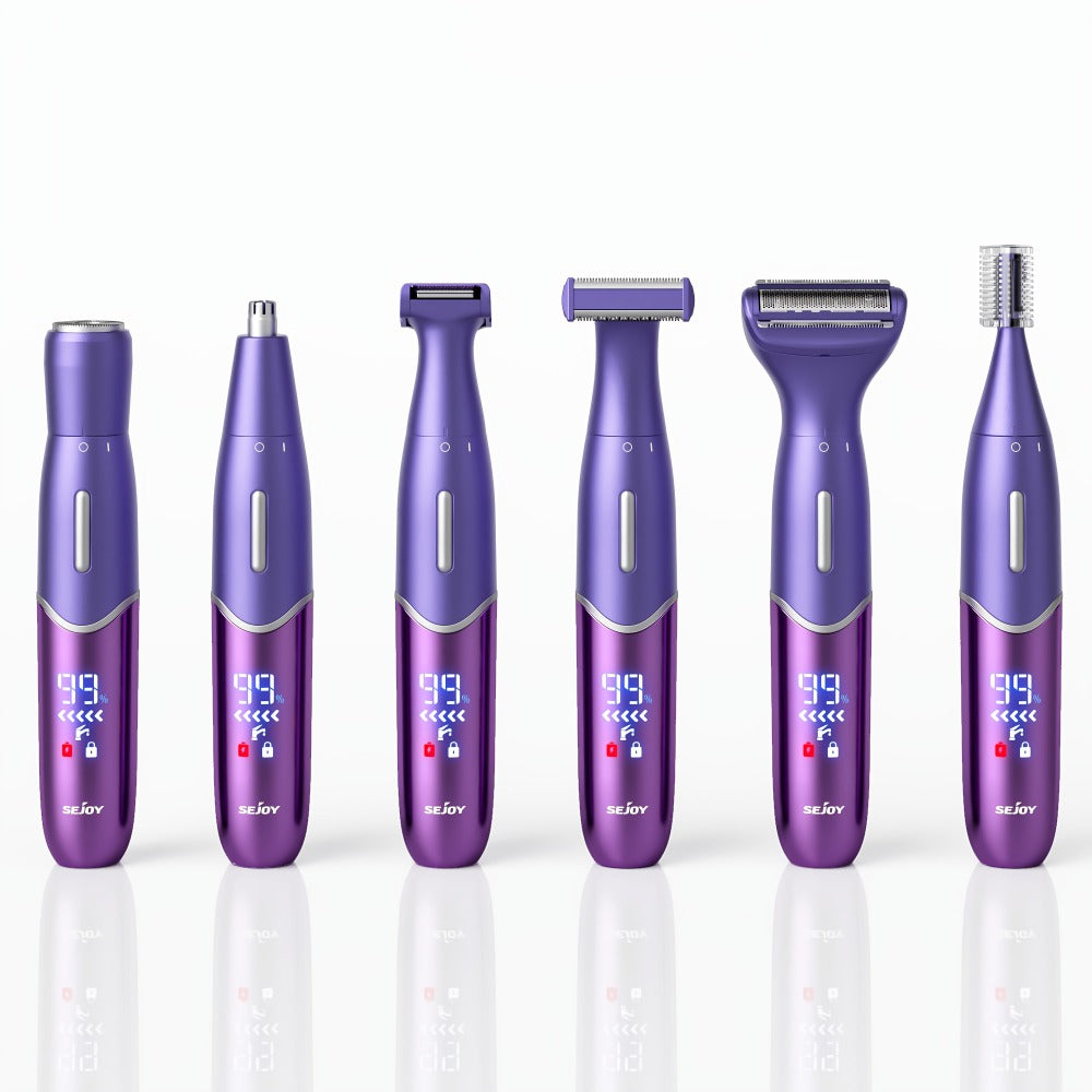 Six in One Bikini Trimmer and Electric Razor for Women and Men, Wet Dry Grooming Set in Purple — image 3