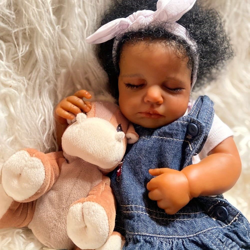 Reborn Baby Doll 19 Inch Curly Blue Hair with Sleeping Sounds Cloth Body & Lifelike Weight — image 8