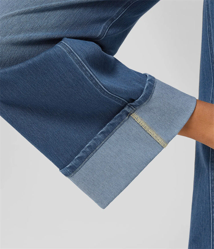 High-waisted Trousers-foot Curling Straight Jeans