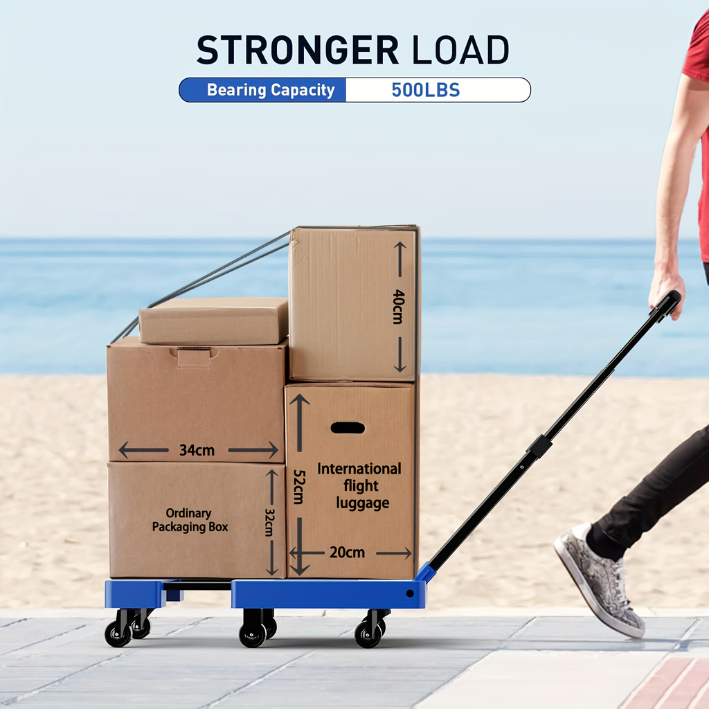 Folding Hand Truck Dolly, Collapsible Luggage Cart with 6 Wheels & 2 Elastic Straps for Moving, Travel — image 7