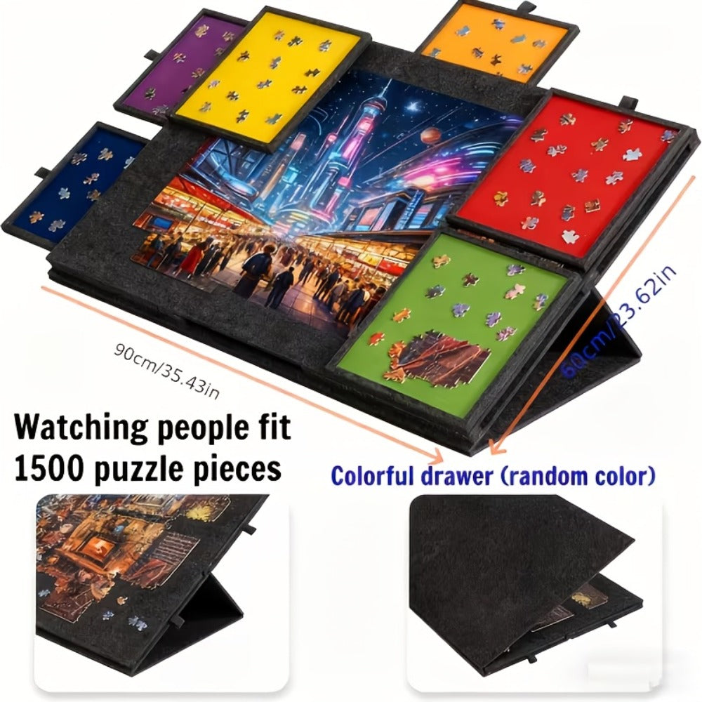 Dark-Gray Tilting Puzzle Board with Six Colored Drawers, Folding Stand and 1000-Piece Label — image 4