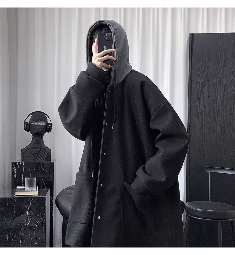 Quilted Hooded Jacket Mens Mid-Length Wool Coat