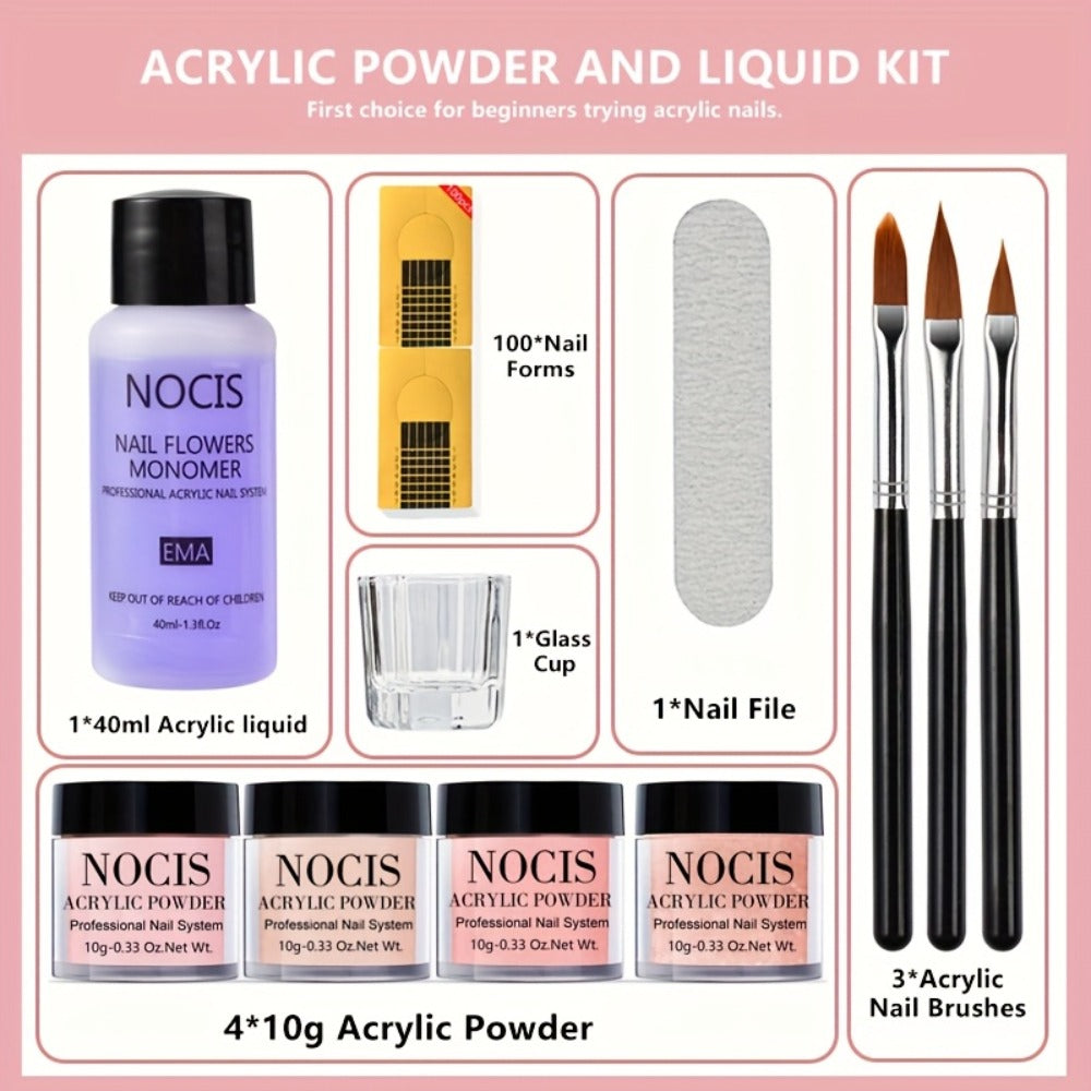 Acrylic Nail Kit NOCIS Four 10g Pink and Warm Neutral Powders with Liquid Monomer, Three Brushes and File — image 2