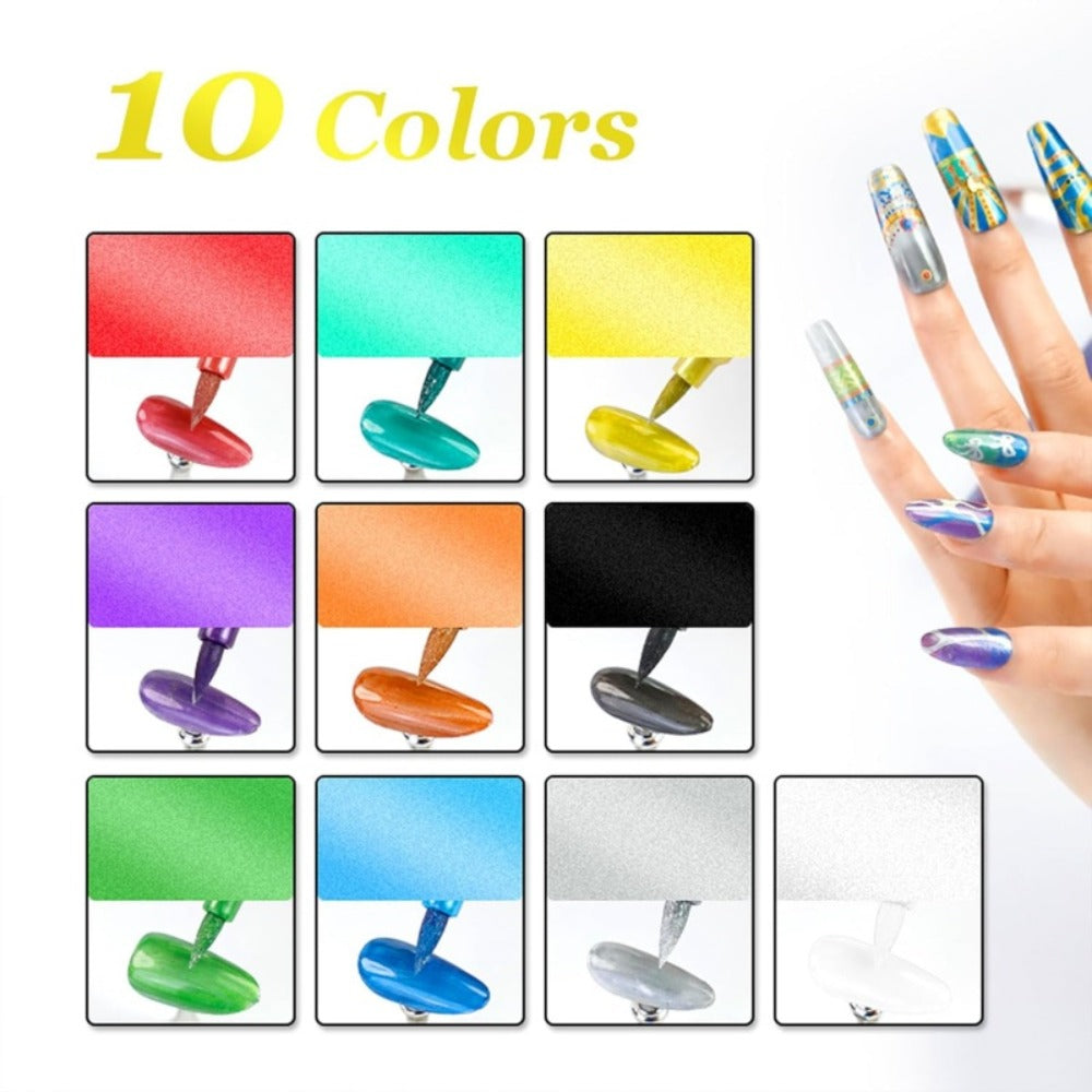 Nail Art Pens Set 10 Metallic Colors with 12pcs Nail Stickers – Dual-Headed 3D Acrylic Polish Markers for Doodle Dot Line Sti