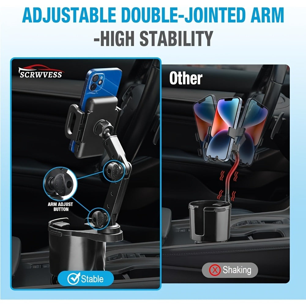 2-in-1 Car Phone Holder & Cup Holder Extender – Swivel Rotating Mount with Shock-Absorbing Trim, Universal for Cars, SUVs & T