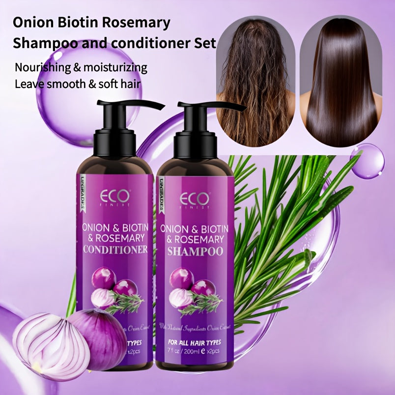 Onion, Biotin and Rosemary-Labeled Shampoo and Conditioner Set in Purple Pump Bottles with Jojoba Oil Wording — image 14