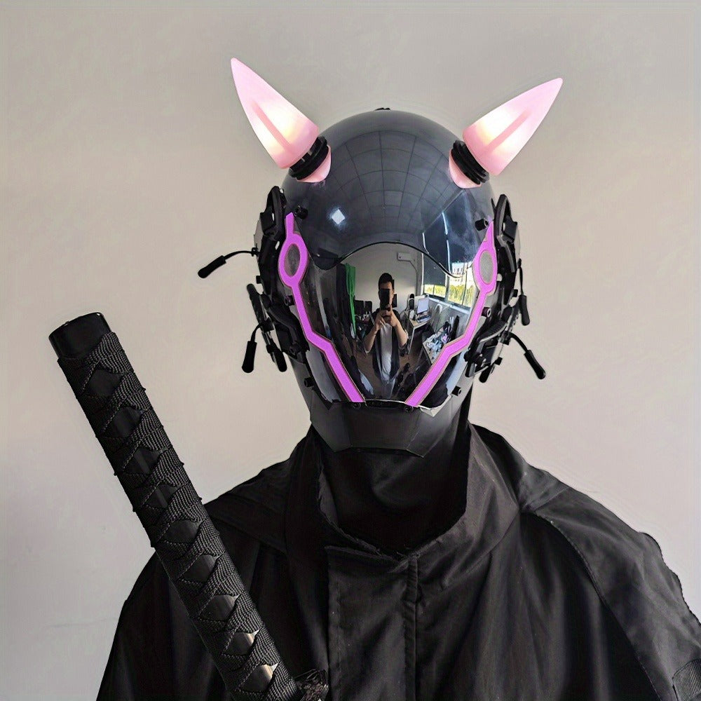 Pink LED Cyberpunk Costume Mask with Horned Full-Face Helmet, Reflective Visor and Lighted Accent Lines — image 3