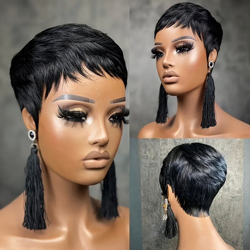 4-Inch Straight Layered Pixie Human Hair Wig in Black with 150% Density and Machine-Made Rose Net Cap — image 1