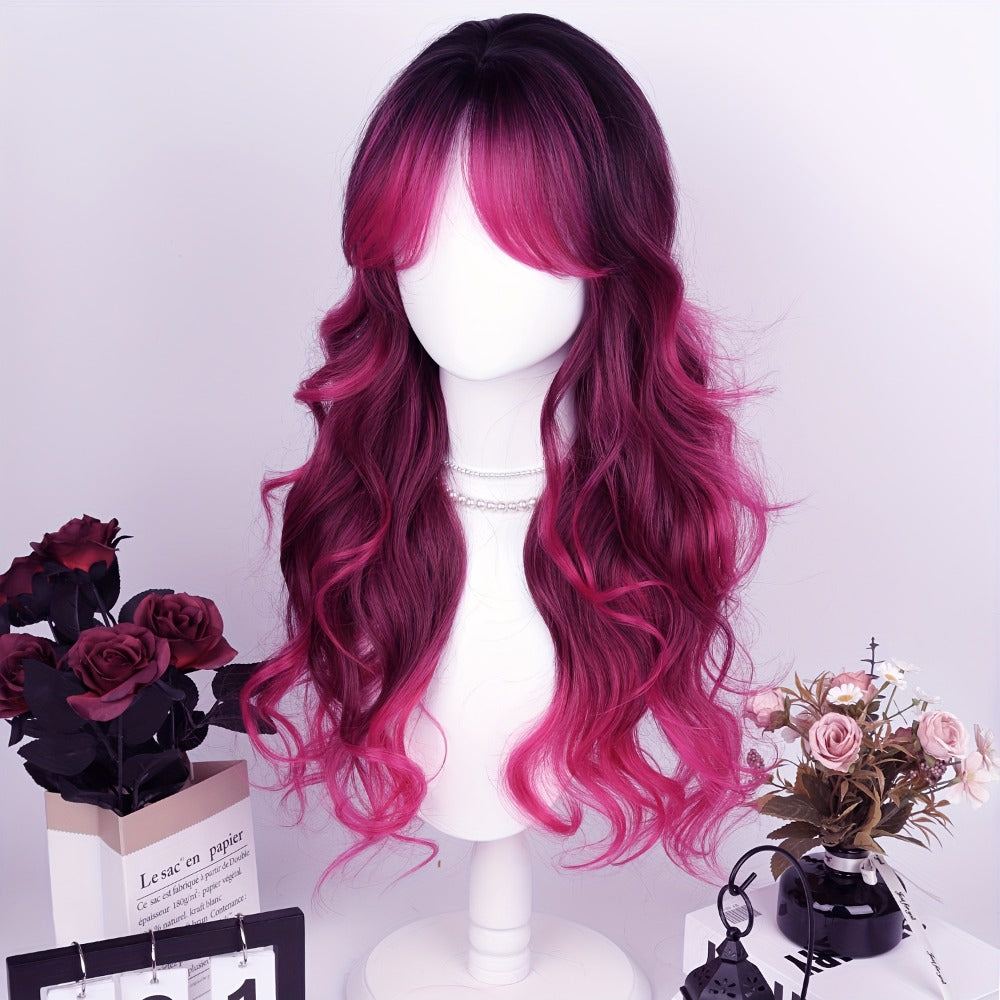 Synthetic Wig 28-Inch Rose-Red Gradient Waves with Air Bangs, 150% Density and Rose Net Cap — image 9