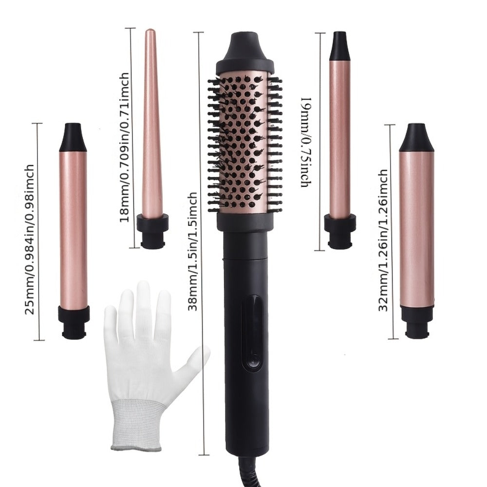 Ceramic Curling Iron Set 5-in-1 with Interchangeable Barrels & Heat Brush, Professional Hair Curler Wand Styling Kit for Wave