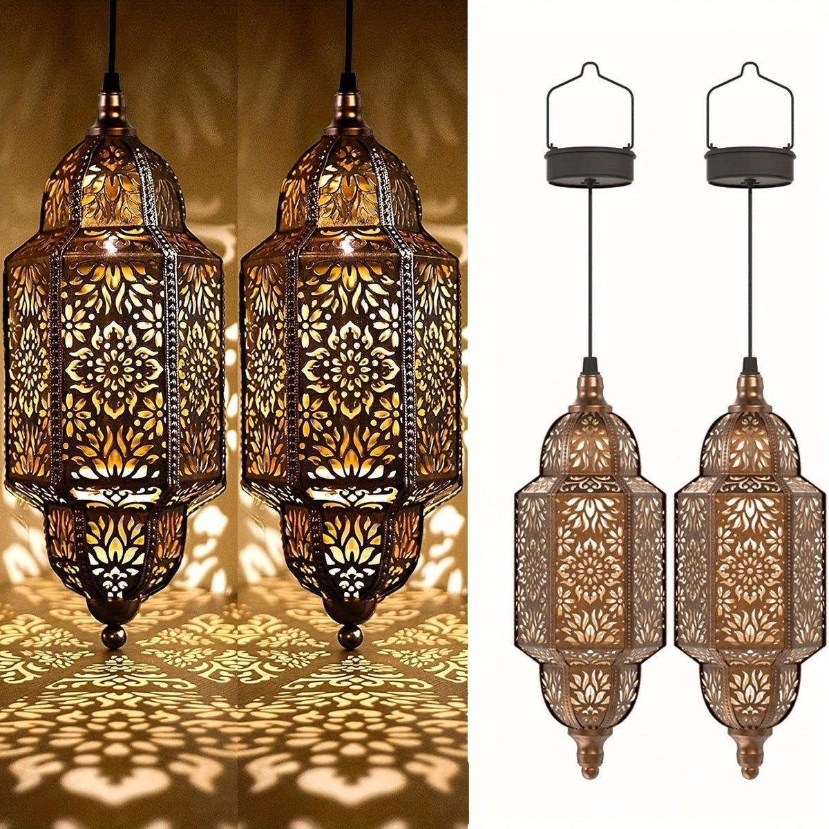 Solar Lanterns Outdoor 2 Pack Moroccan Cut-Out Design Garden Pathway Patio Lantern Lights Gold Purple White Copper — image 1