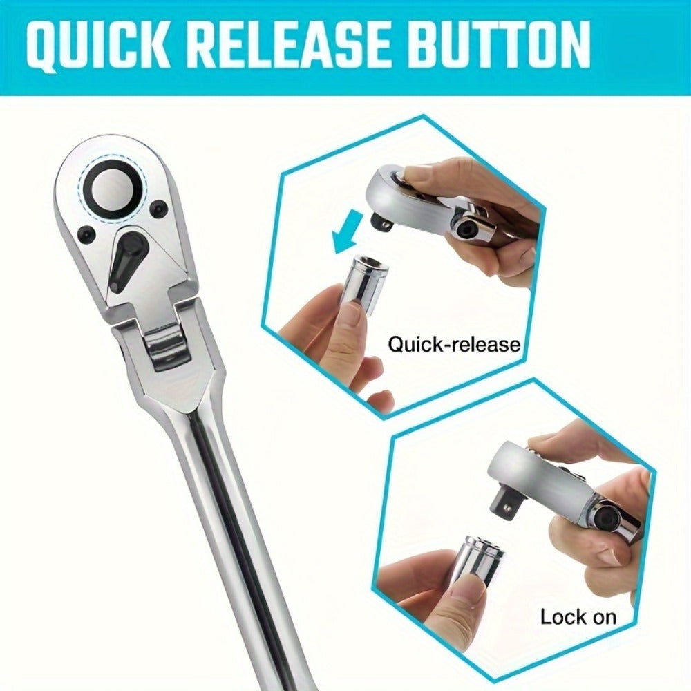 6-Piece Ratchet Wrench Set 1/4" 3/8" 1/2" Drive – Rotating Head Ratchet with Extension Bar, Chrome-Plated Stainless Steel — i