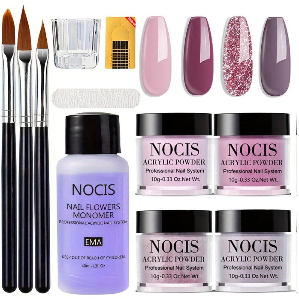 Acrylic Nail Kit NOCIS Four 10g Pink, Mauve and Glitter Powders with Liquid Monomer, Three Brushes and File — image 1