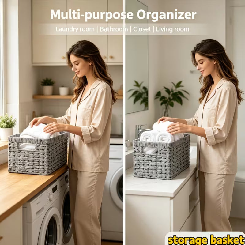 Woven Hyacinth Storage Baskets with Cut-out Handles
