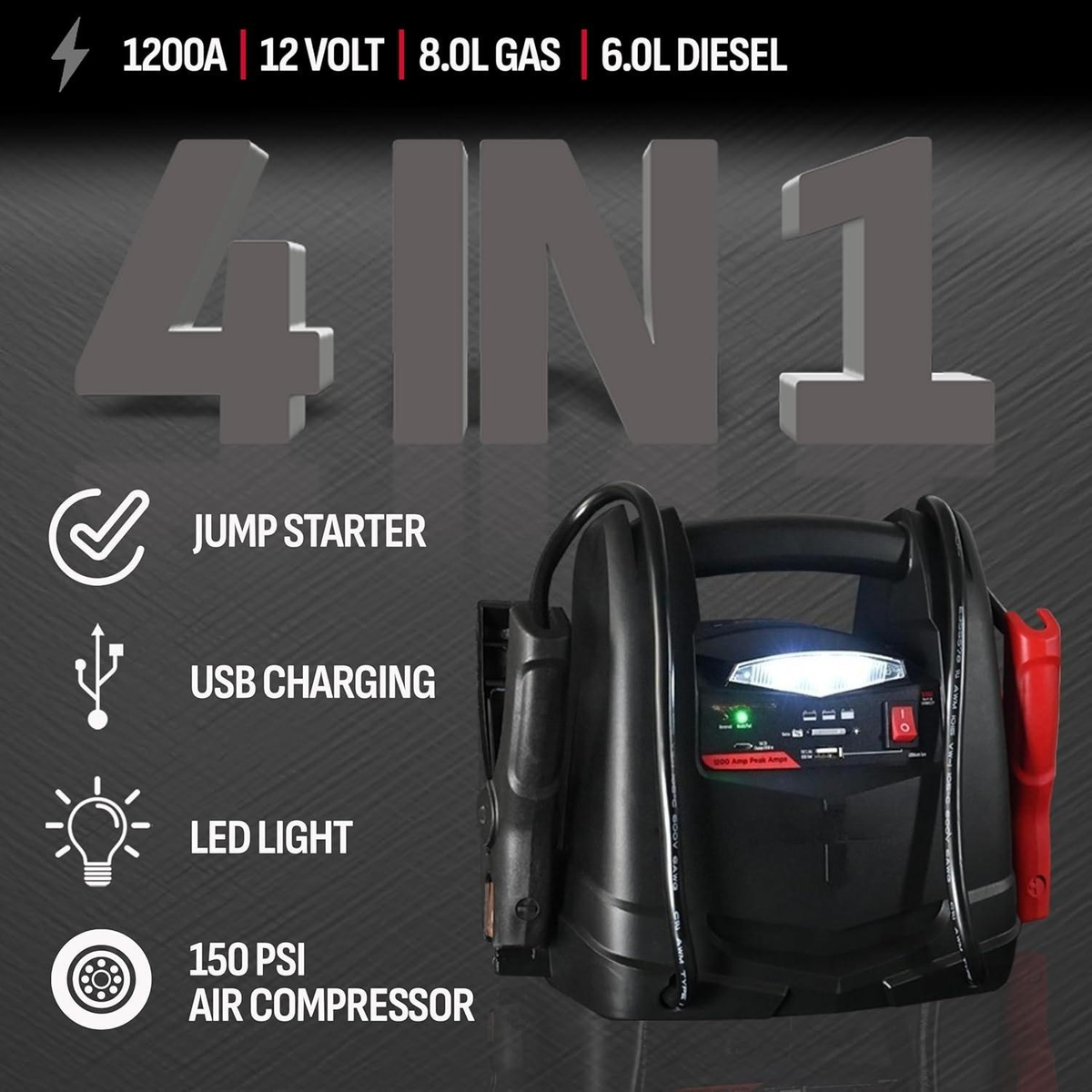 1200A Car Jump Starter and Power Station, 4-in-1 Solution, 150-PSI Air Compressor, 2.4A USB Charging: for 12V Sport — image 6