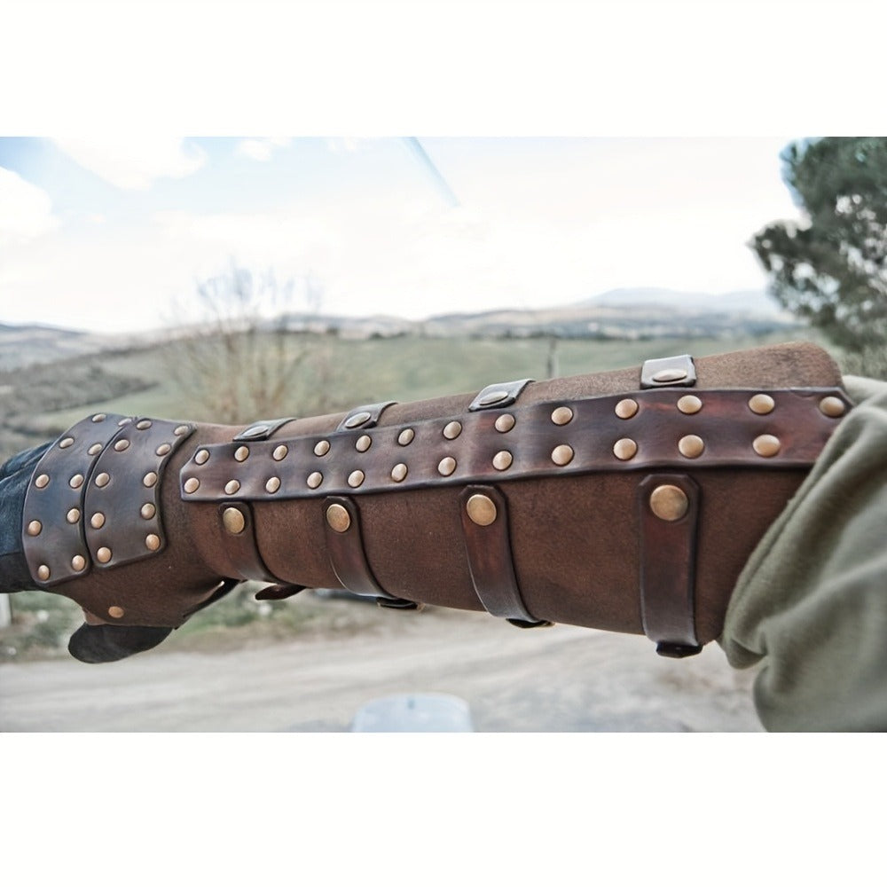 Riveted Costume Forearm Guard in Brown, Black or Coffee with Finger Loop and Buckled Strap Details — image 8