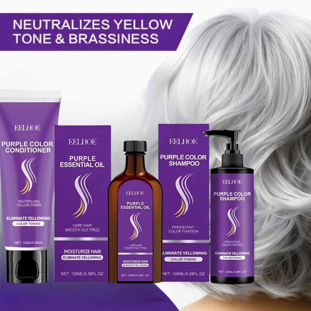 Three-Piece Purple Hair Care Set with Shampoo, Conditioner and Coordinated Argan Oil Bottle — image 2