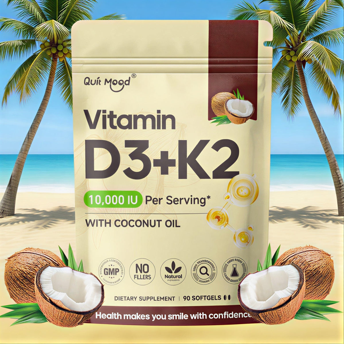 Vitamin D3 10000 IU + K2 MK-7 200mcg Softgels 90 Count with Extra Virgin Coconut Oil for Bath Time, Home Spa and Personal Car
