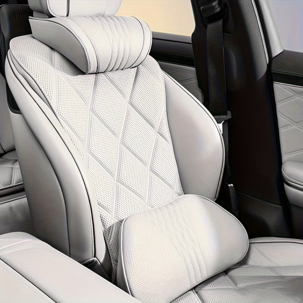 Car Neck Pillow Nappa Leather Headrest – Memory Foam Lumbar Support with Embroidery, All-Season Universal Car Interior Access
