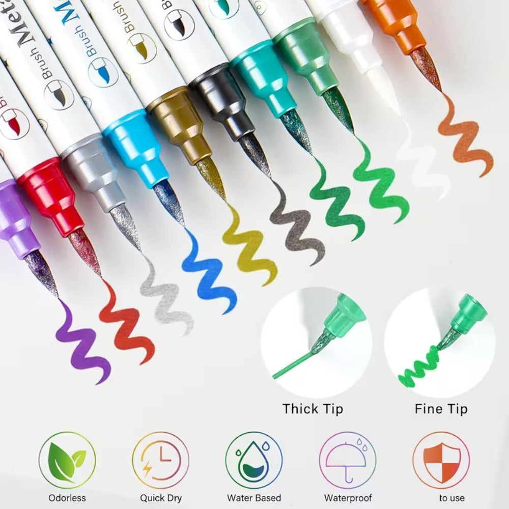 Nail Art Pens Set 10 Metallic Colors with 12pcs Nail Stickers – Dual-Headed 3D Acrylic Polish Markers for Doodle Dot Line Sti