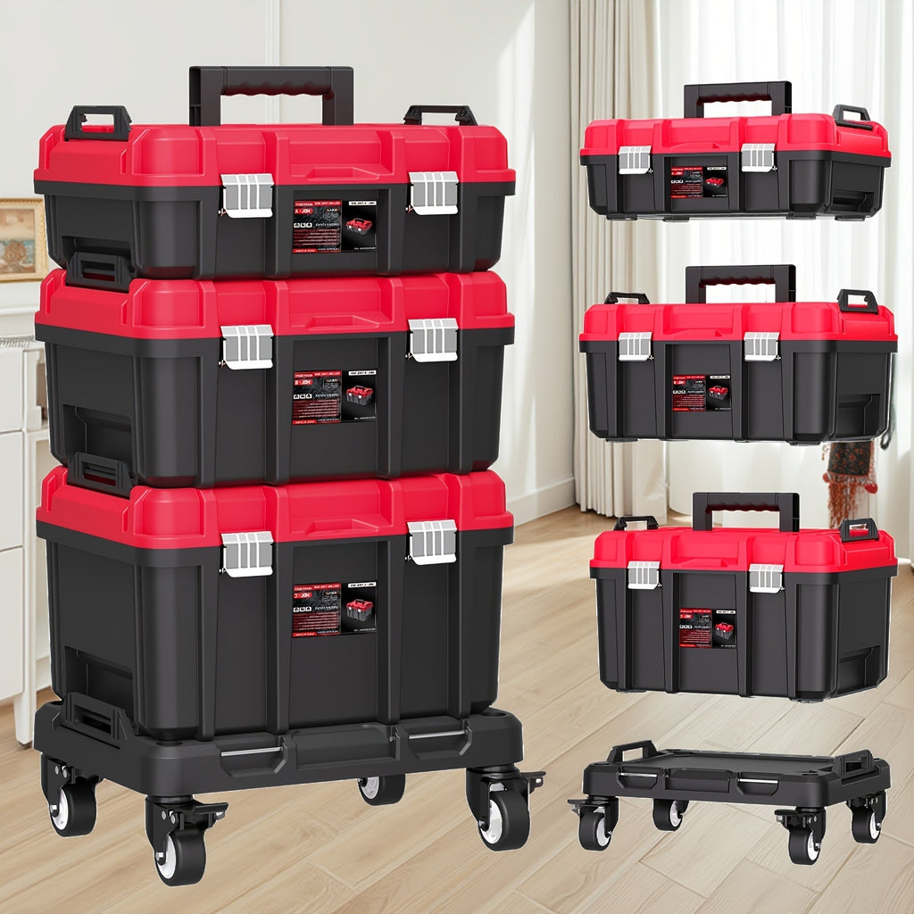 Rolling Tool Box with Wheels 3-Tier Stackable Organizer | Lockable Compartments, Connected Storage, 17" Large Plastic Toolbox