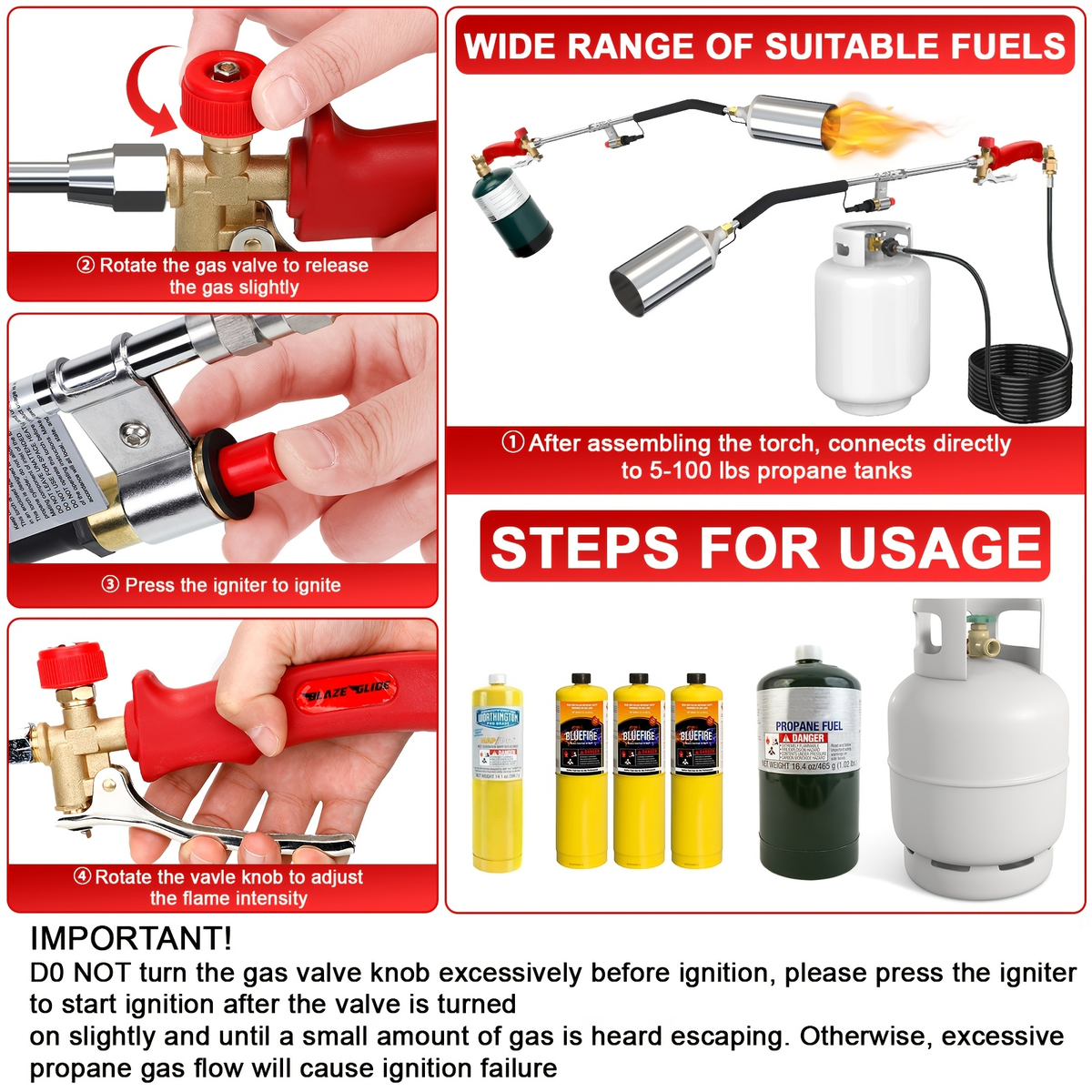 Weed Burner Torch Propane with 10ft Hose & Turbine Trigger, High-Output Flame Weeder with Cylinder Converter for Garden Weedi
