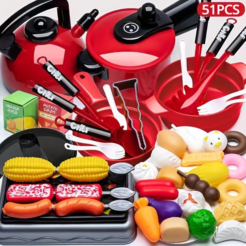 Pretend Play Kitchen Set for Kids, 51PCS Toy Cooking Utensils, Tableware & Play Food for Home Cooking, Dining and Outdoor Mea