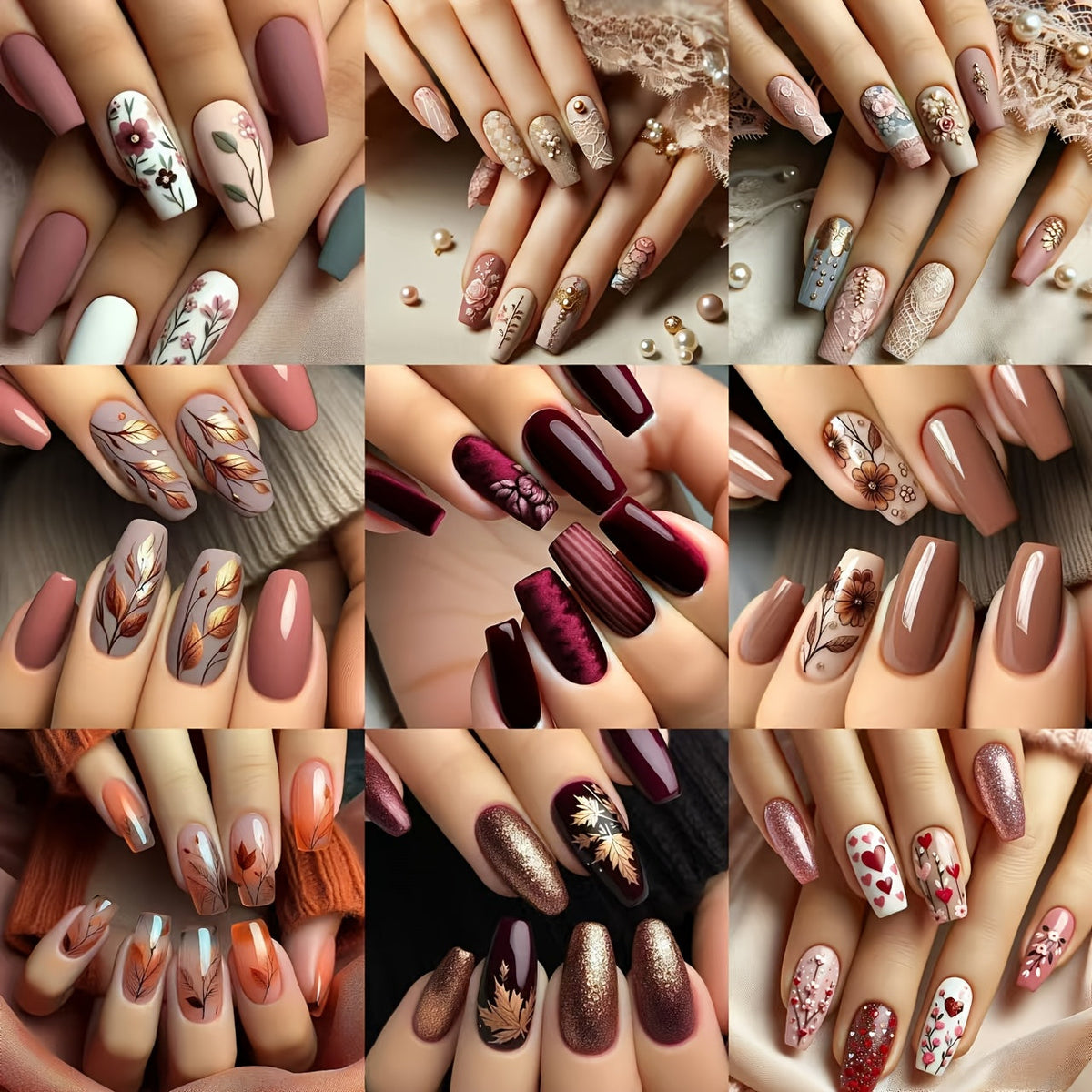Press On Nails 216-Piece Middle Ballet Nine-Pack Mixed Flower Maple Glossy Set with Jelly Adhesive and File — image 1