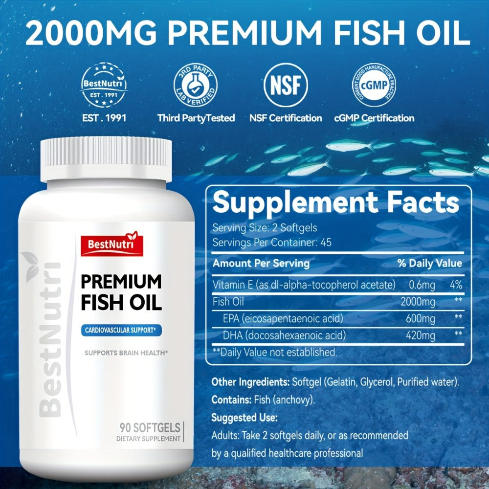 Omega-3 Fish Oil 2000mg Softgels with EPA & DHA, Cold-Extracted CGMP, Brain Vitality Heart Health Anti-Inflammatory Support —
