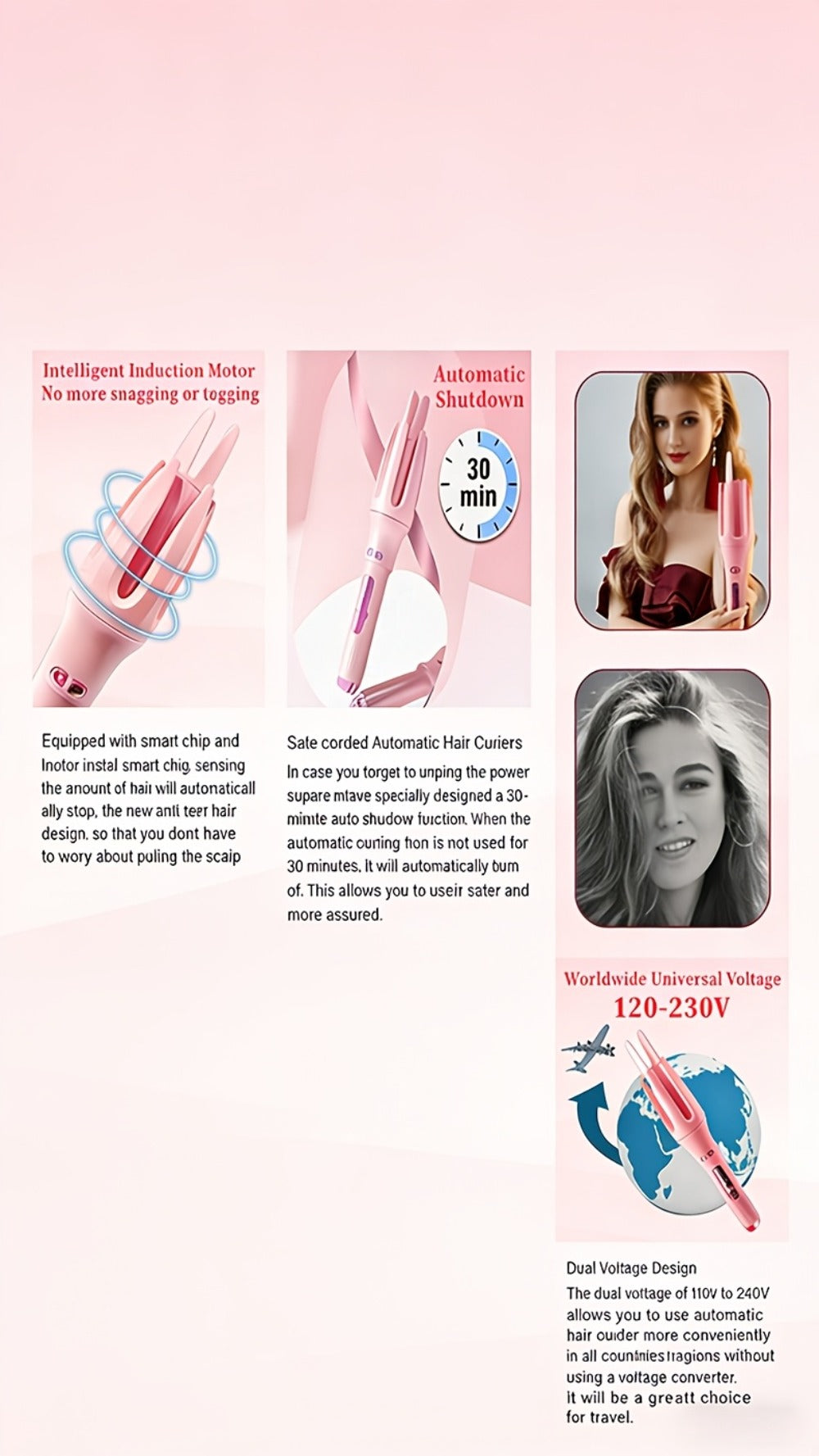 Automatic Rotating Curling Iron 4 Temperature Settings 40M Negative Ion Ceramic Barrel, for Home, Travel and Salon Hair Styli
