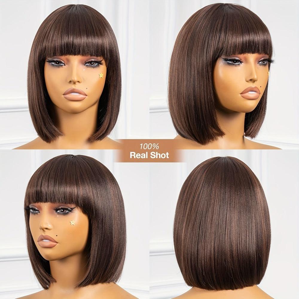 Yaki Straight Bob Wig with Bangs 10 Inch Brown Highlight M4/30 Blunt Cut Heat Resistant Synthetic Short Natural Looking Bob f