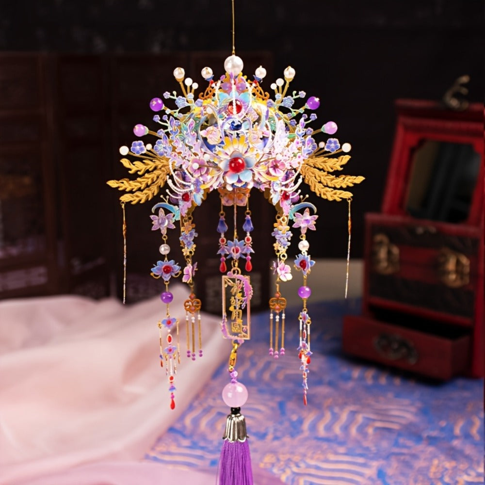 3D Metal Puzzle Phoenix Crown Qingluan – Blue & Gold DIY Assembly with Beads & Tassels, Chinese Mythology Art Collectible — i