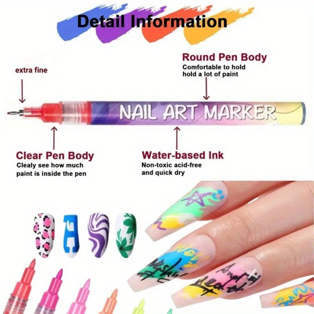 Metal Rod Nylon Brush Nail Art Pen Set 12 Colors – Acrylic Paint Pens for 3D Doodle Dot & Stitching Nail Design — image 4