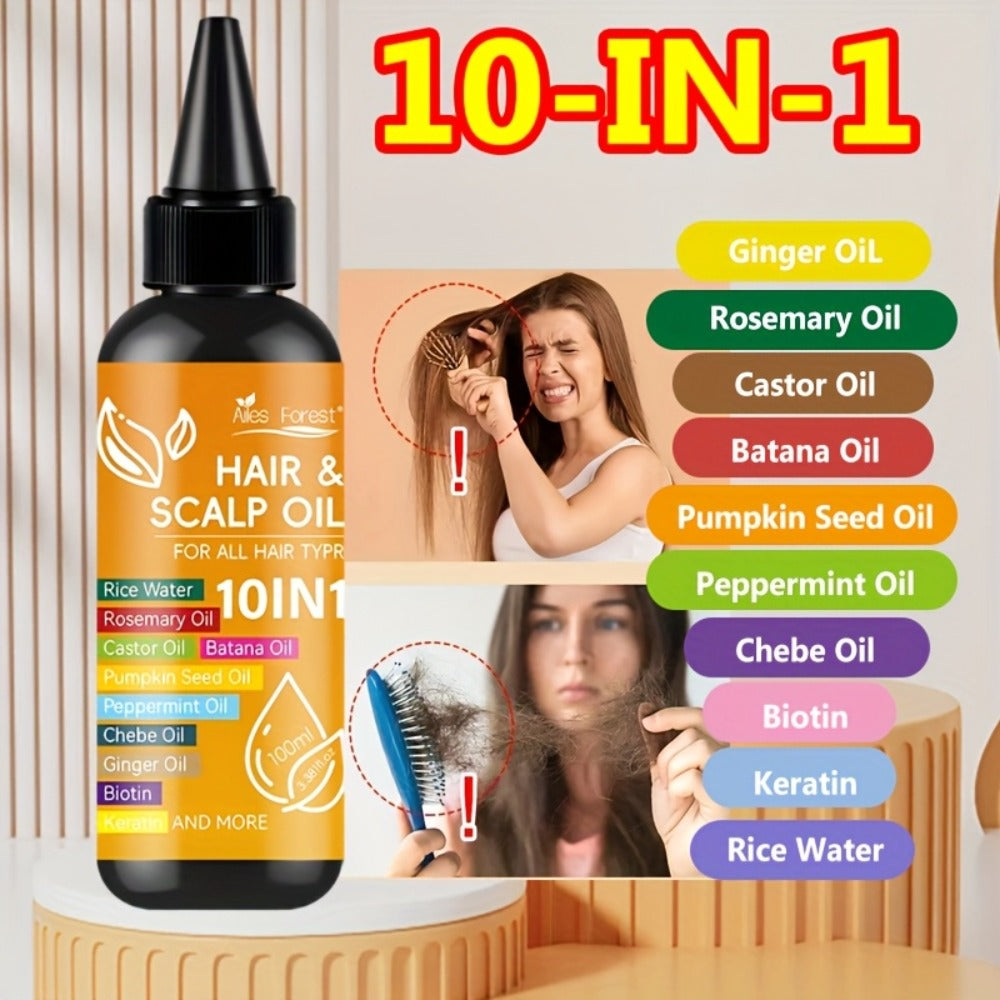 Hair Oil 10-in-1 100ml Pointed-Applicator Bottle with Ginger, Rosemary, Castor, Batana, Rice Water and Biotin — image 1