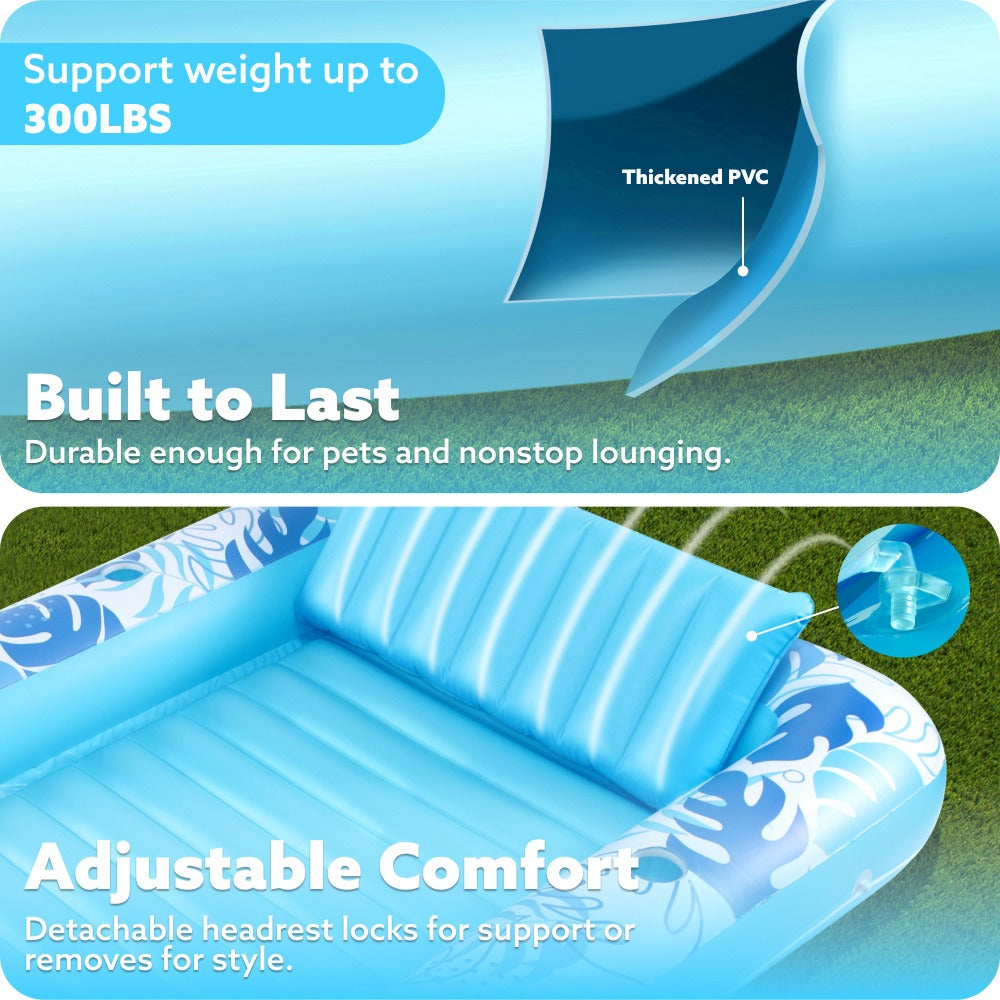 85 x 57-Inch Inflatable Pool Float Tanning Bed in Blue with Open Center, Ribbed Base and Raised Pillow — image 9