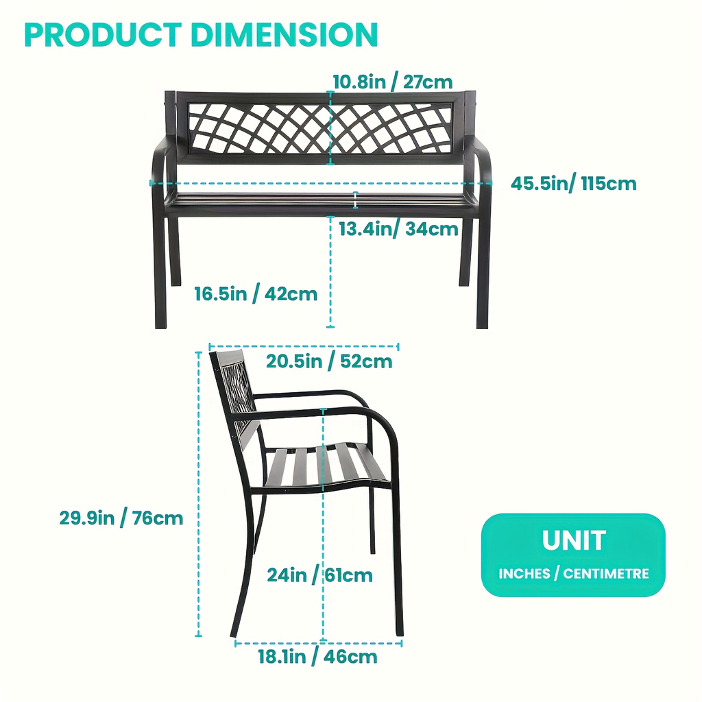 Garden Bench Outdoor Solid Black Metal Frame Patio Seating Park Bench for Backyard Lawn Porch Entryway for Garden, Patio and 