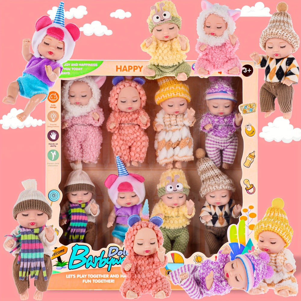 Eight Mini Baby Dolls with 4-Inch Checkout Size, Assorted Knit Animal Outfits and 10.24-Inch Display Box — image 2