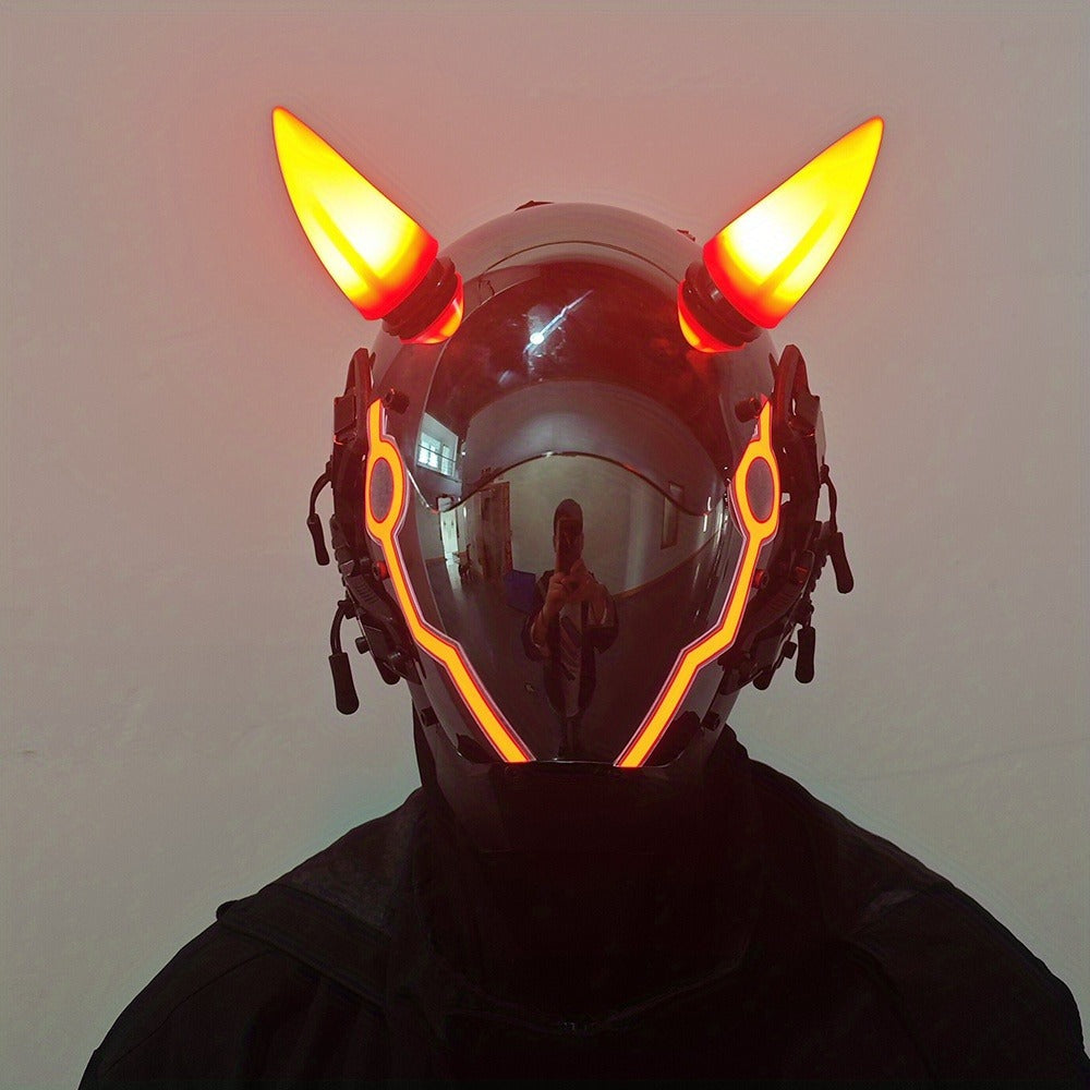 Pink LED Cyberpunk Costume Mask with Horned Full-Face Helmet, Reflective Visor and Lighted Accent Lines — image 13