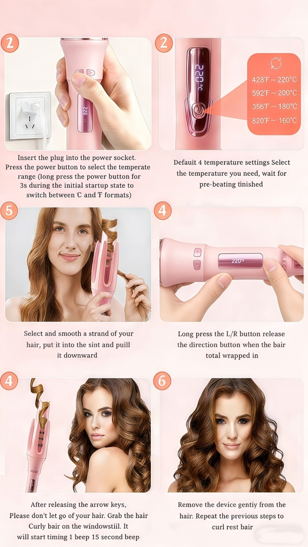 Automatic Rotating Curling Iron 4 Temperature Settings 40M Negative Ion Ceramic Barrel, for Home, Travel and Salon Hair Styli