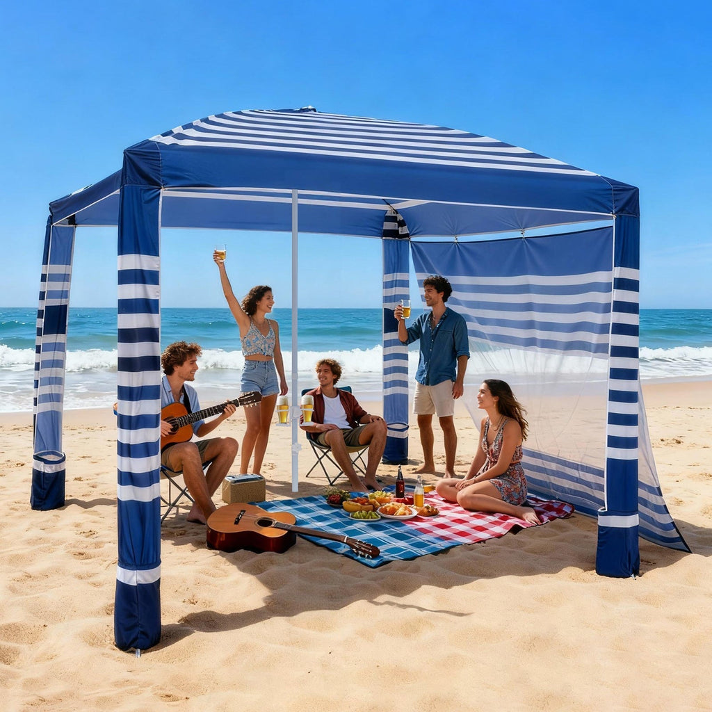 Beach Cabana 8x8ft UPF 50+ Adjustable Height Side Wall Navy Stripes for Garden, Patio and Yard Use — image 1