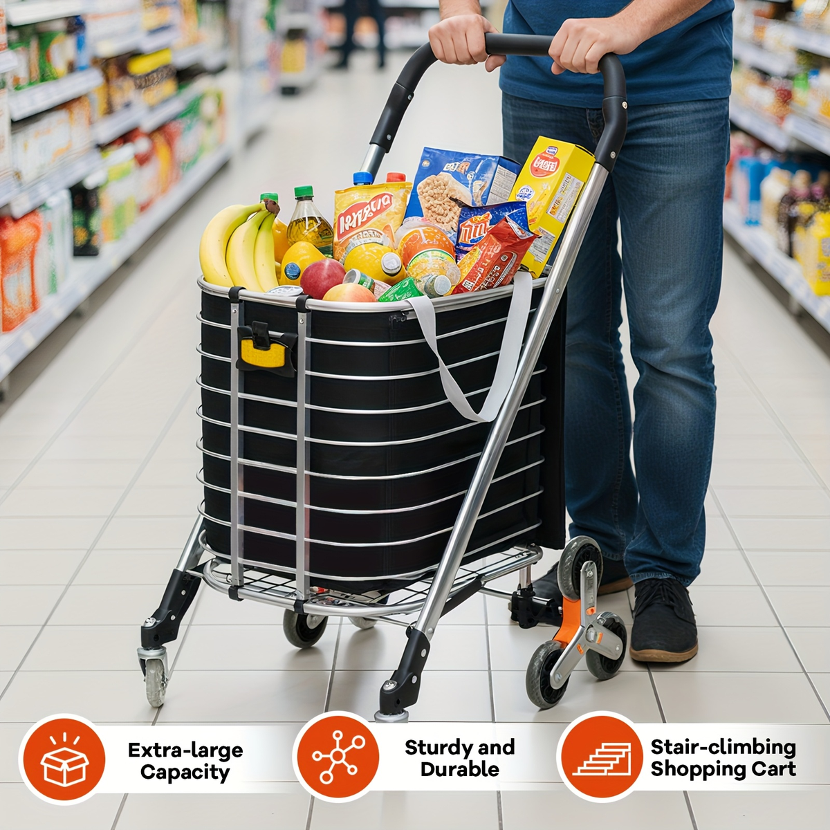 Stair Climbing Cart Collapsible Shopping Trolley with Swivel Wheels & Night Light, for Garden, Patio and Yard Use — image 3