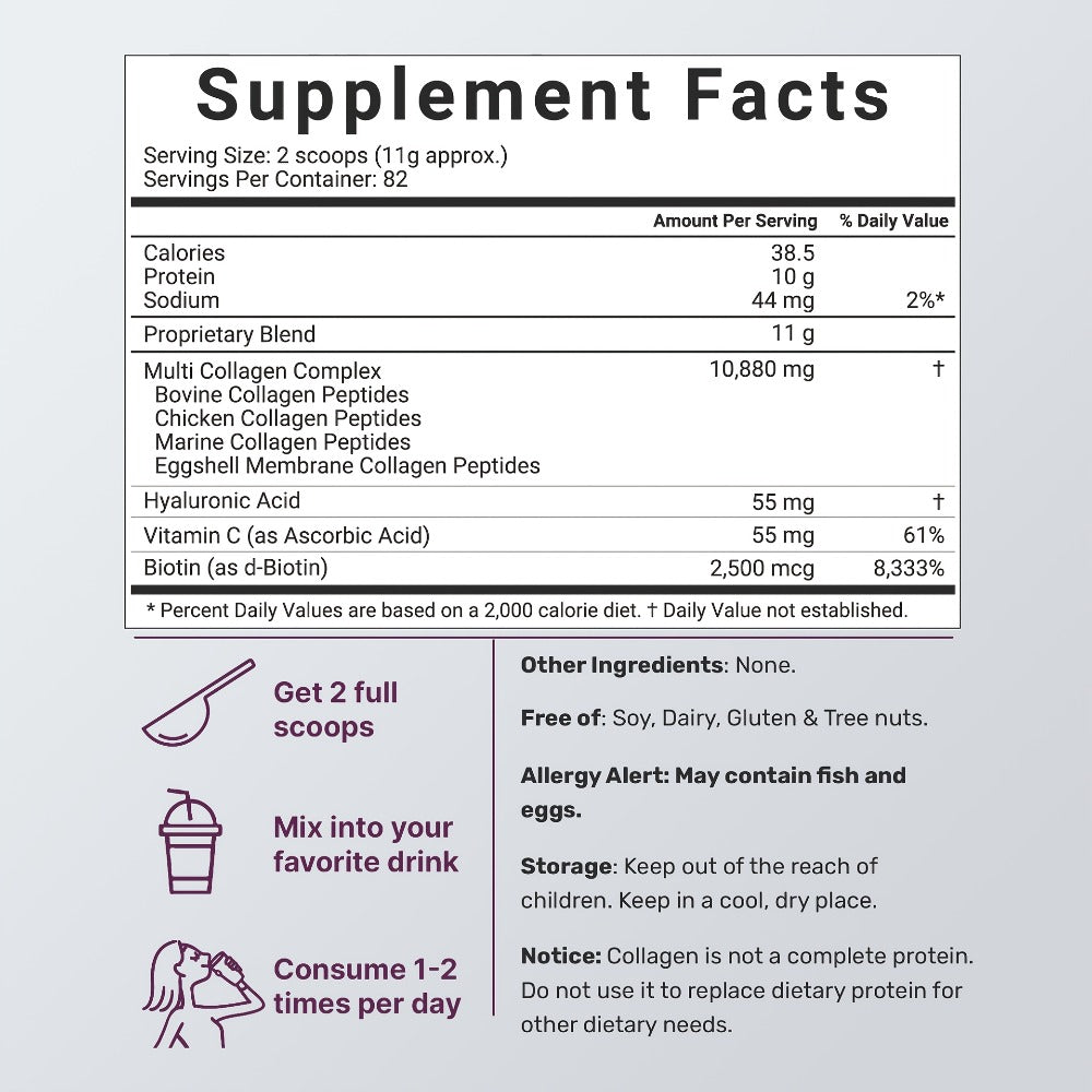 Collagen Powder Multi- Complex, Hydrolyzed Types I, II & III with Skin Nutrients for, Skin Elasticity — image 2