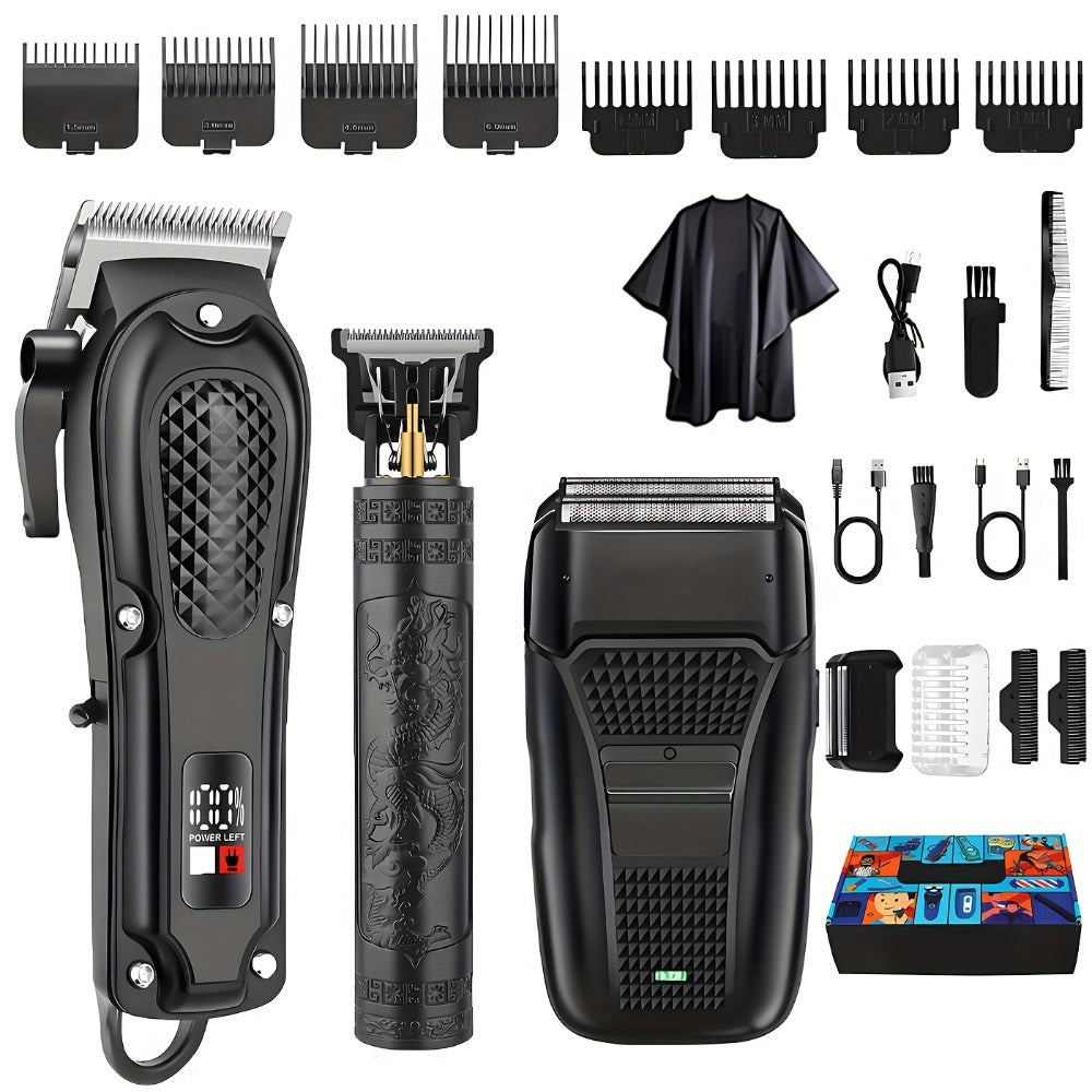 Men's Grooming Kit Hair Clipper Set USB Rechargeable LCD Display – Professional Clipper Razor T-Blade Trimmer 8 Guide Combs &