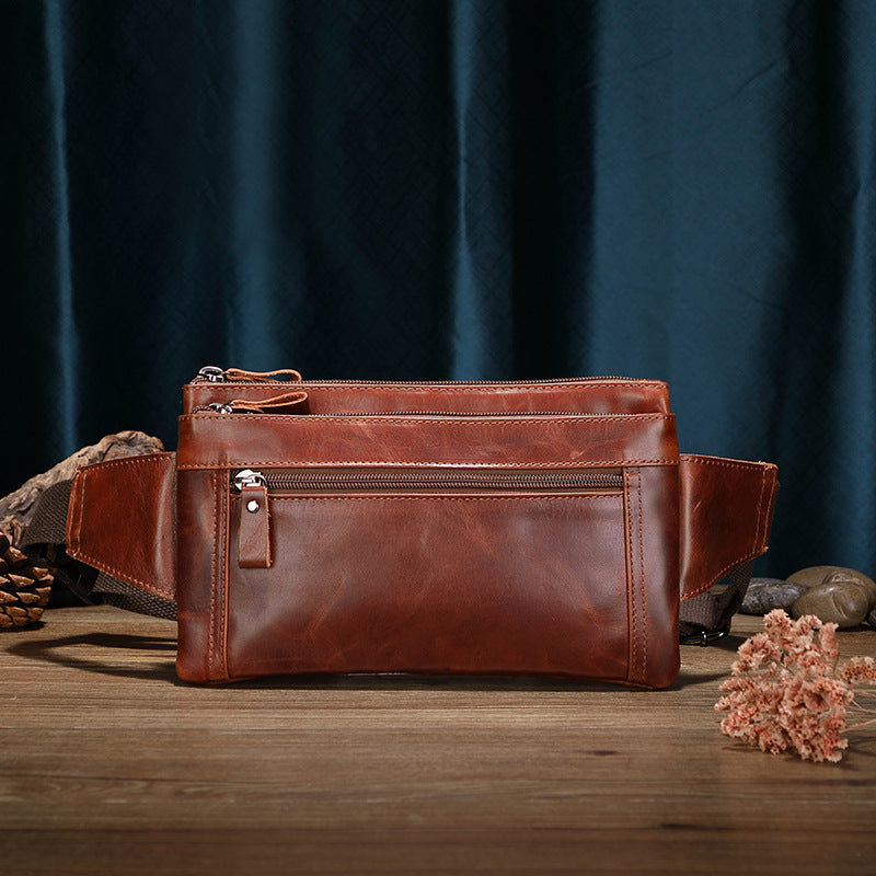 Men's Outdoor Work First Layer Cowhide Large Capacity Waterproof Waist Bag
