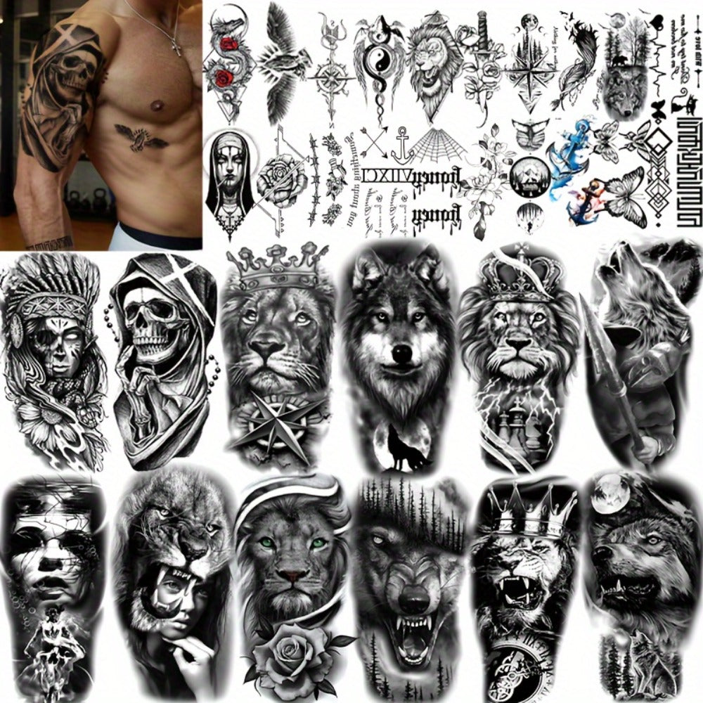 Temporary Tattoos, 32-Sheet Black Animal and Tribal Set with Wolf, Lion, Tiger, Skull and Rose Designs — image 1
