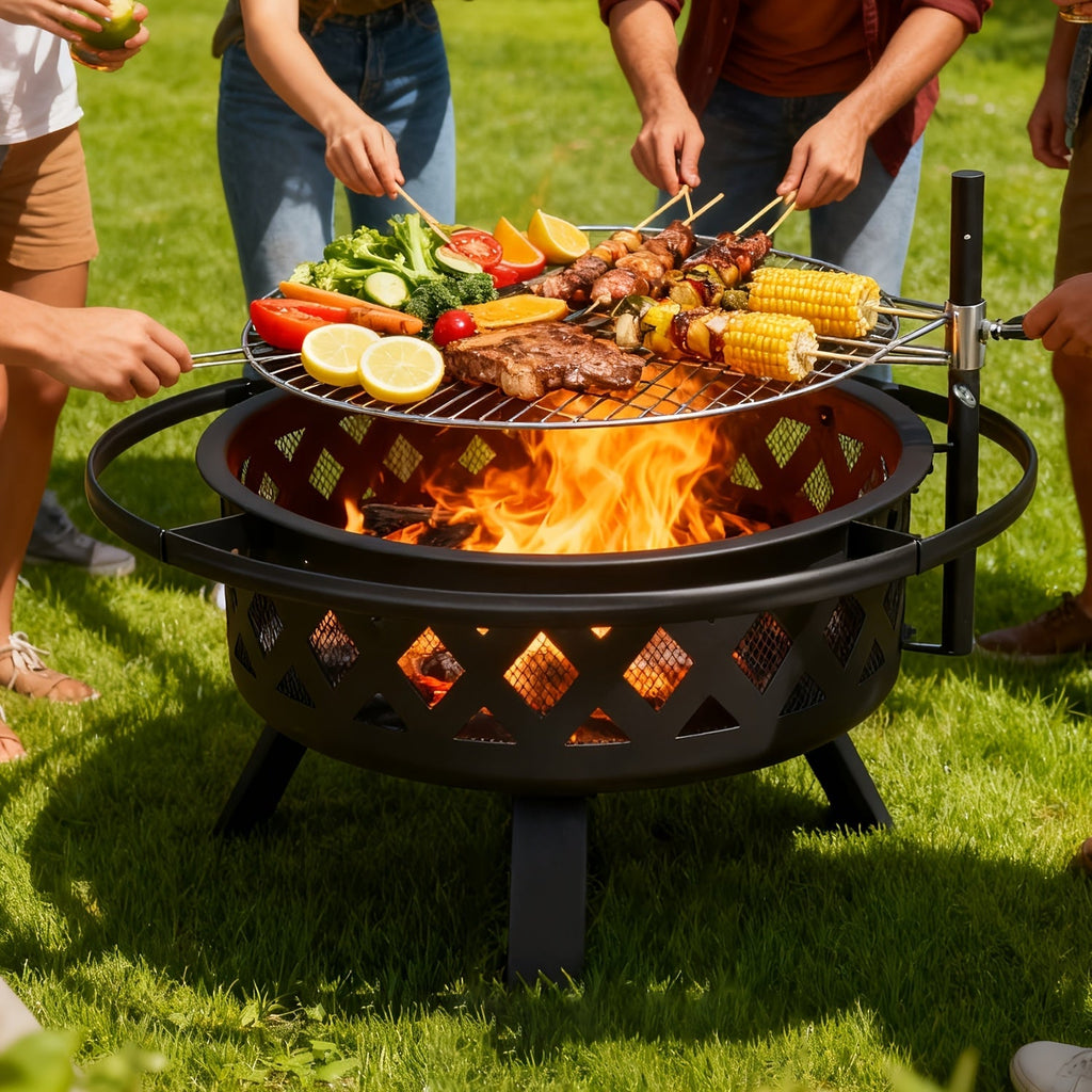 30-Inch Steel Wood-Burning Fire Pit with Grill Grate, Mesh Spark Screen, Poker and Diamond-Cut Bowl Design — image 1