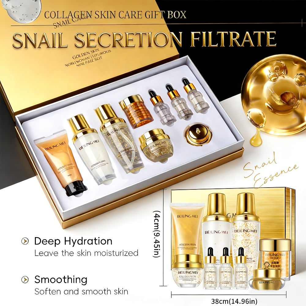Skincare Gift Set for Women 9pcs Golden Luxury Kit, Niacinamide Collagen Hyaluronic Acid Daily Facial Care Premium Birthday H