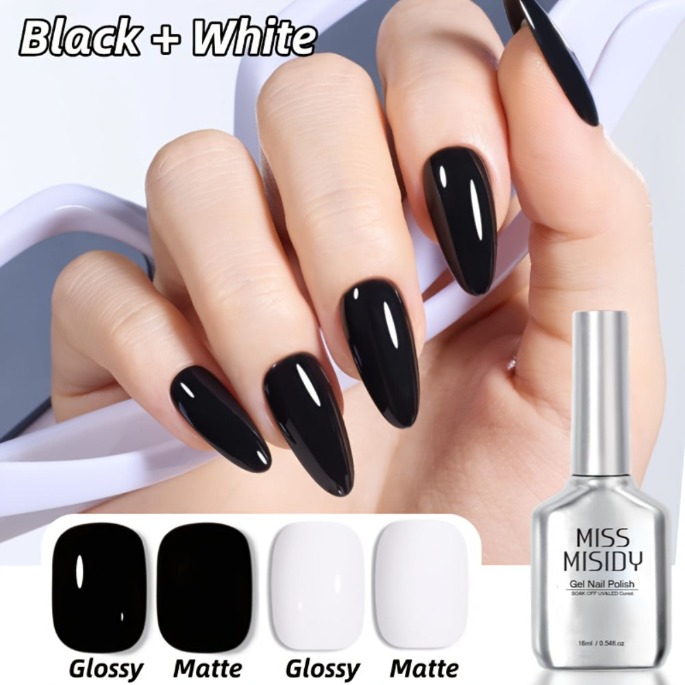 Gel Nail Polish – Odorless Black & White 0.54oz MISS MISIDY Soak-Off UV LED Durable High Gloss – Self-Leveling Easy Applicati