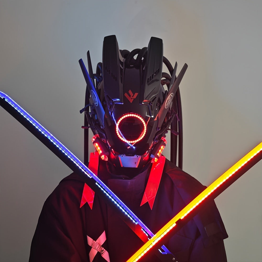 LED Braided Cyberpunk Costume Helmet with Circular Face Light and Blue, Green or Pink Accent Styles — image 14