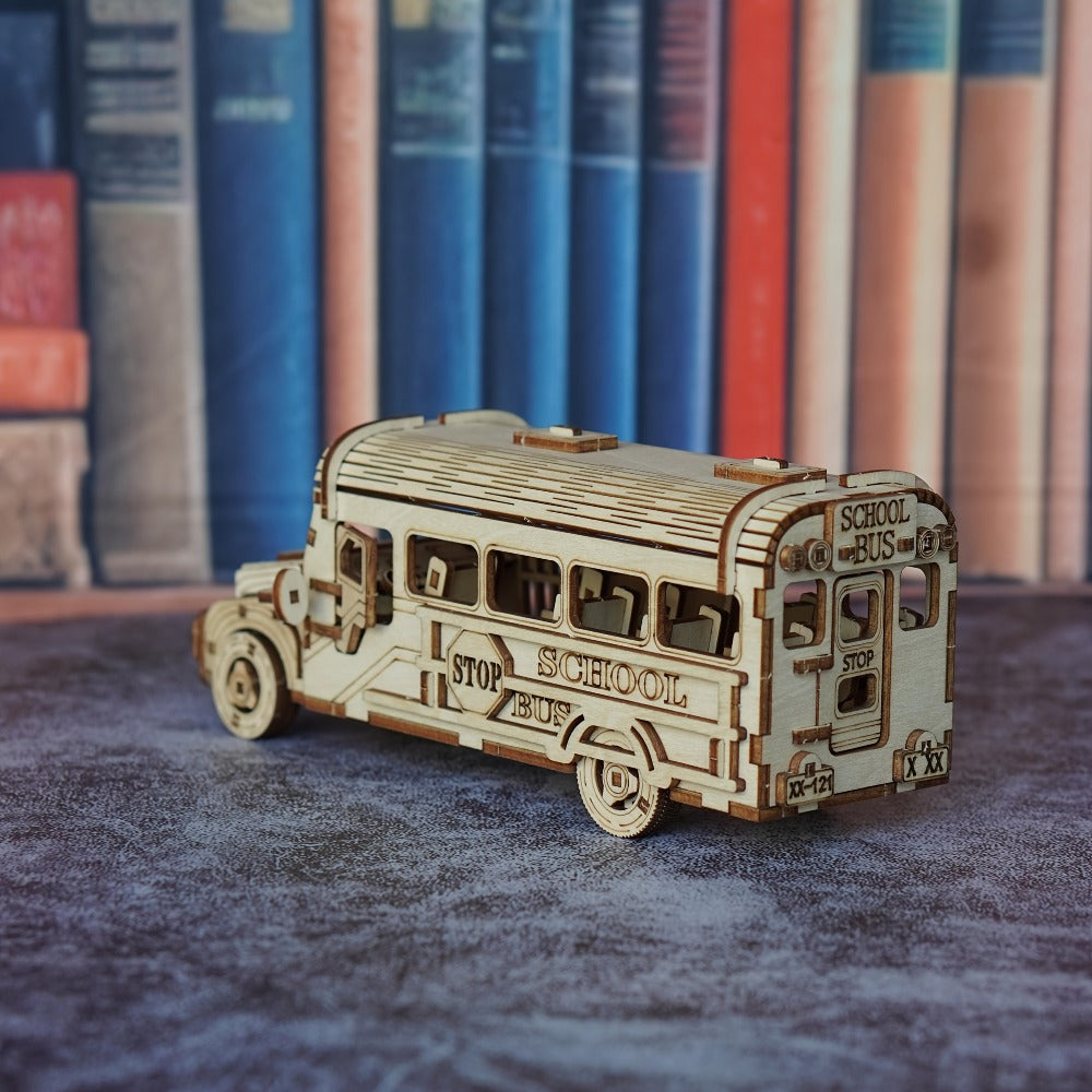 Wooden School Bus Model Kit with Laser-Cut Panels, Rolling Wheels and 20.5 cm Display Length — image 5
